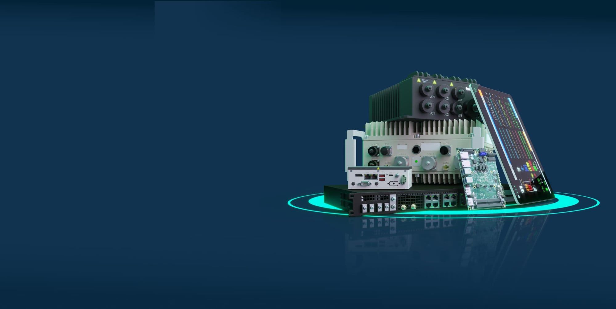 A collection of electronic components and circuit boards stacked on a circular base, illuminated against a dark blue background. The components include various connectors and displays, showcasing a modern technology aesthetic.
