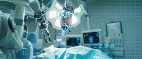 A close-up view of a robotic surgical system in an operating room, featuring advanced technology overlays displaying health data and surgical metrics. Surgical instruments are positioned above a patient covered with a blue surgical drape.