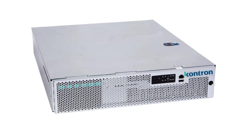 A silver industrial server with a perforated front panel and a Kontron logo.