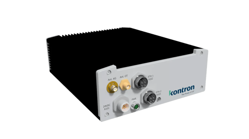 A Kontron device featuring multiple connectors, including antenna ports and Ethernet interfaces, with a sleek metallic gray design.