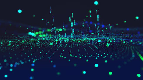 A vibrant digital landscape with luminous blue and green dots representing data points and binary numbers, creating a three-dimensional effect against a dark background.