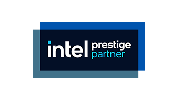 Intel Prestige Partner logo featuring the word "intel" in lowercase with "prestige partner" underneath in a modern font. The design includes blue rectangular shapes and a dark background.