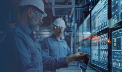 Zwei Ingenieure in Sicherheitshelmen und Schutzbrillen arbeiten an hochmodernen Monitoren in einer Kontrollumgebung. Einer der Ingenieure untersucht ein Gerät, während der andere im Hintergrund die Bildschirme überwacht.