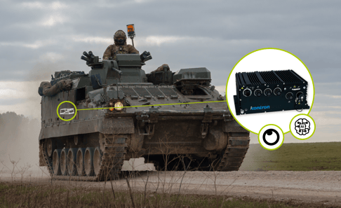 A military tank drives on a dirt road, with soldiers visible on top. An inset shows a black Kontron device with various ports and connectors, suggesting a technological component related to the tank. Overcast skies and a grassy landscape are in the background.