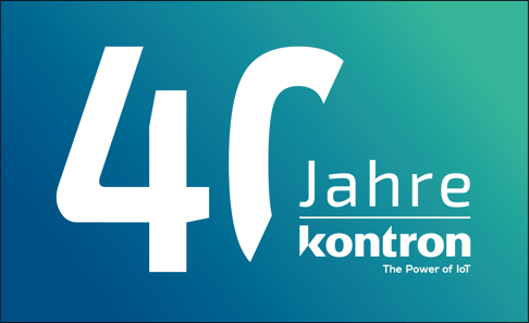 40 Jahre kontron. Das Logo zeigt den Text in einer modernen Schriftart auf einem Farbverlauf von Blau zu Grün. Unter dem Wort "kontron" steht der Slogan "The Power of IoT".