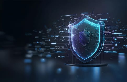 A glowing digital shield surrounded by a network of abstract data streams and binary code against a dark background.