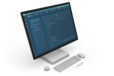 A modern computer monitor displays a dark-themed user interface with various sections like system settings and user accounts. There is a keyboard and a sleek pen next to the monitor on a white surface.