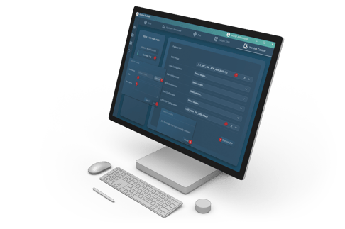 A modern computer monitor displays a dark-themed user interface featuring various control options and settings. Below the screen, a sleek keyboard and a round control knob are visible on a light surface.
