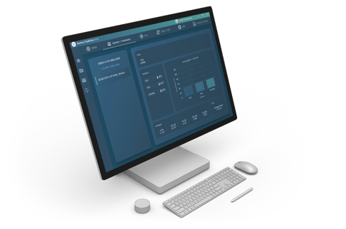 A modern computer monitor displaying a user interface with graphs and data metrics. A keyboard and a mouse are placed in front of the monitor, featuring a sleek design. The overall color scheme is dark with blue accents.