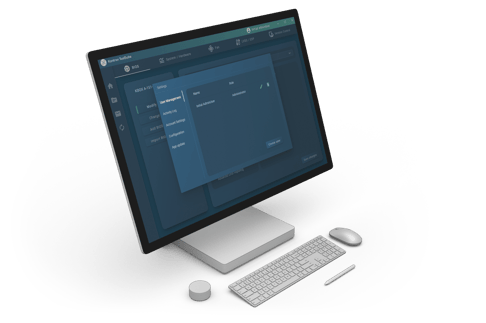 A modern computer monitor displaying a user interface with settings options, including fields for name, customer, and additional settings. A sleek keyboard and mouse are positioned in front of the monitor.