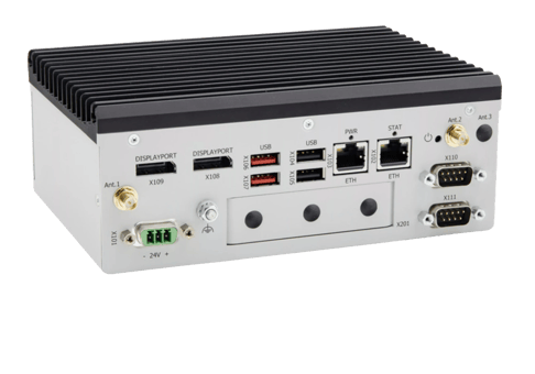 A compact industrial computer with multiple ports including DisplayPort, USB, Ethernet, and serial connections, featuring a finned metal housing for cooling.