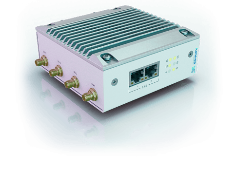 A compact communication device with multiple ports, featuring a metal casing with fins for heat dissipation. It displays LED indicators and has two Ethernet ports on one side. The background features a gradient design.