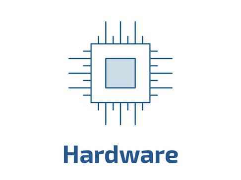 Ein stilisiertes Computersymbol mit einem mikrochipartigen Design in der Mitte. Darunter steht das Wort "Hardware" in blauer Schrift.