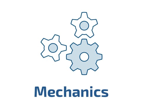 Three interlocking gears are displayed above the word "Mechanics" in bold, blue font.