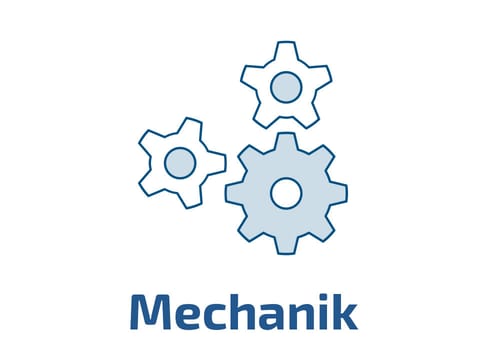 Drei Zahnräder in verschiedenen Größen, die Mechanik symbolisieren. Darunter steht das Wort "Mechanik".