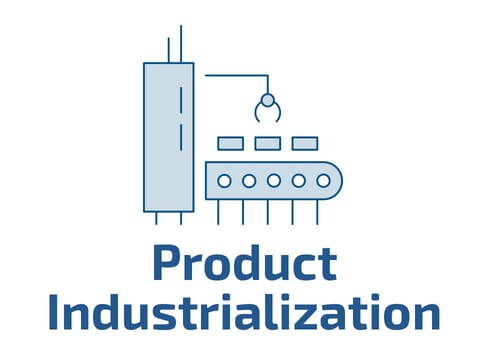 A minimalist illustration of a factory with a crane and conveyor belt, accompanied by the text "Product Industrialization" in bold blue letters.