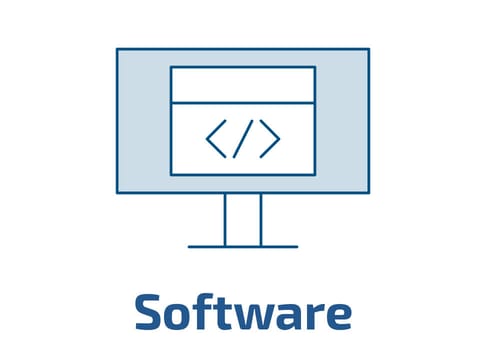 Ein Computerbildschirm mit einem Code-Symbol und dem Wort „Software“ darunter.