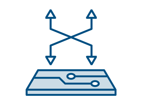 A simplified graphic depicting a flowchart design with multiple arrows branching out from a central point, indicating various pathways or options.