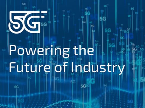A blue digital background with abstract lines and connections. The text "5G" is prominently displayed at the top left, followed by the phrase "Powering the Future of Industry."