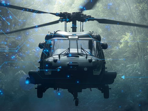 A helicopter hovers in a misty forest, surrounded by digital patterns and glowing blue nodes, suggesting a blend of technology and nature.