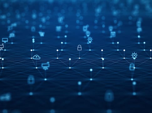 A digital network background featuring interconnected lines and icons, including locks, clouds, and various symbols, all set against a blue gradient backdrop.