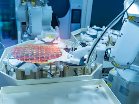 半導体製造プロセスの一部で、ロボットアームが光沢のあるウェハーを扱っている様子。背景には機械設備が見える。
