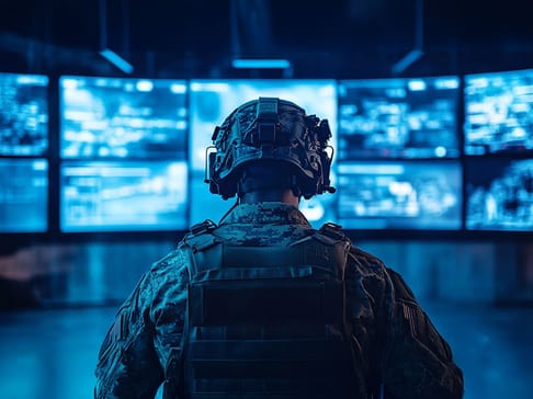 A soldier wearing tactical gear and a helmet stands in front of multiple blue computer screens displaying complex data and graphics.