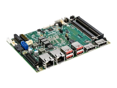 Eine technische Platine mit verschiedenen Komponenten, Anschlüssen und Chips. Die Platine ist grün mit mehreren Ports, darunter USB- und Netzwerkanschlüsse.