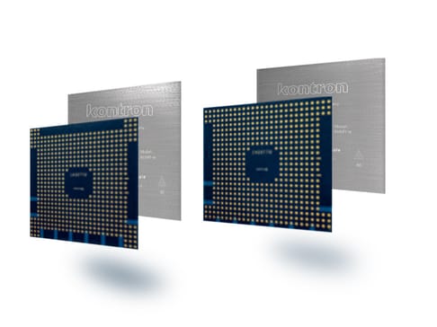 Zwei Computerprozessoren, die in der Luft schwebend dargestellt werden. Die Vorderseite eines Prozessors zeigt eine große Anzahl von goldenen Kontaktpunkten, während die Rückseite mit dem Logo "kontron" versehen ist.