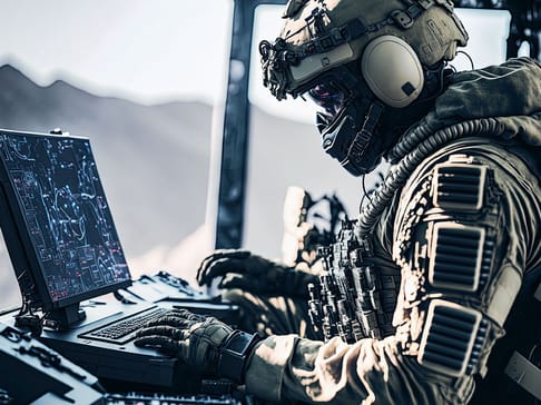 Ein Soldat in militärischer Ausrüstung sitzt vor einem Laptop und analysiert Daten. Die Umgebung ist futuristisch, mit einem Fokus auf Technologie und strategische Planung.