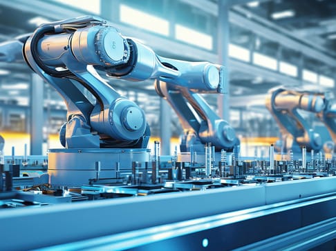 Industrieroboter in einer modernen Fertigungsanlage, die präzise Aufgaben auf einem Förderband ausführen. Helle, futuristische Umgebung mit Metallkomponenten und Maschinen.
