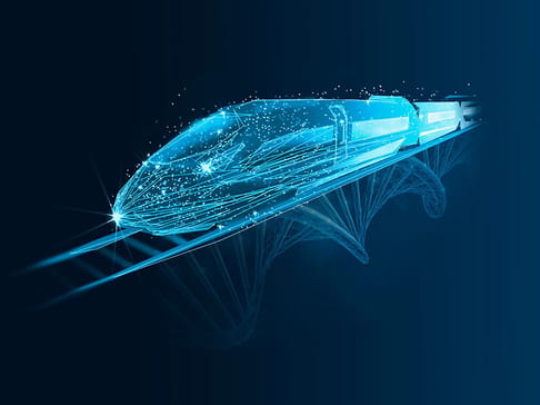 A futuristic blue high-speed train depicted with glowing elements and digital lines, symbolizing advanced technology and motion against a dark background.