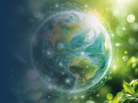 A digital depiction of Earth surrounded by a network of light, blending vibrant green and blue colors with a glowing effect, symbolizing connection and nature.