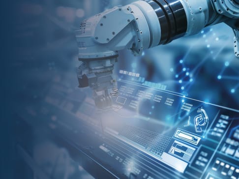 A robotic arm interacts with a transparent touchscreen interface displaying various technical controls and data. The background features a blurred, futuristic industrial setting with blue tones.