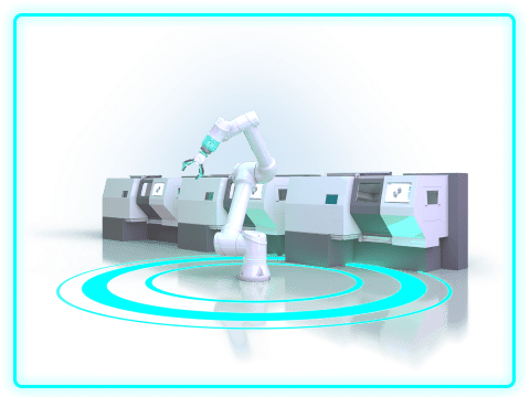 A robotic arm interacts with a series of sleek, modern machines in a high-tech environment. Vibrant blue light accents the scene, creating a futuristic ambiance.
