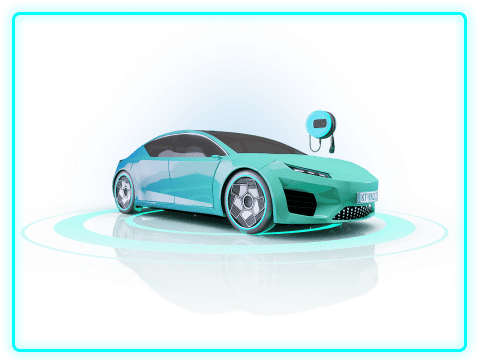 A sleek, futuristic electric car in a light teal color, positioned on a glowing circular platform. A charging station is visible next to the car, emphasizing its electric nature. The background features radiant blue and light effects.