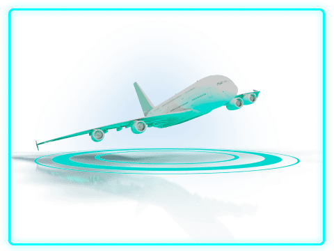 An airplane taking off with colorful waves and reflections in the background, creating a vibrant and stylized effect.