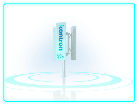 A stylized digital display featuring the logo "Kontron" with a glowing blue background and a futuristic design.