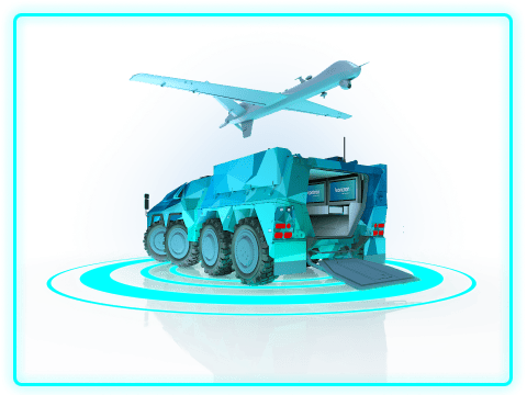 A futuristic military vehicle with angular, blue geometric patterns is positioned on a circular platform, with a drone flying above it. The background has a glowing blue outline, enhancing the high-tech theme.