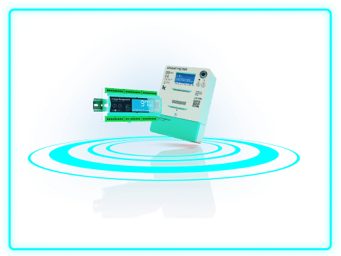 A digital smart meter displayed with a gradient background, featuring a screen that shows a numerical reading, along with a socket attachment. Radiating blue ripples surround the meter, giving a sense of motion or energy.