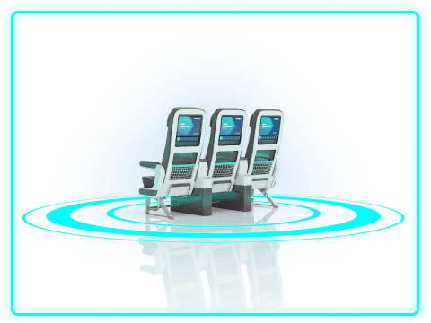 Three modern airline seats with screens in a futuristic setting, surrounded by a glowing blue outline and reflective surface.