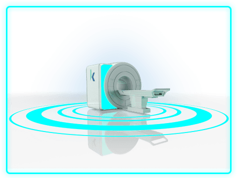 A modern, futuristic scanner device with a smooth white and light blue design, placed on a reflective surface, surrounded by concentric blue rings that create a glowing effect.