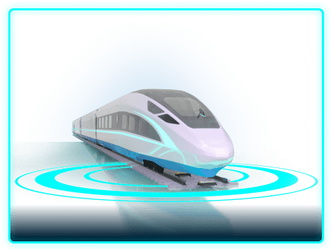 A futuristic high-speed train moves along a sleek track, surrounded by glowing blue waves, suggesting advanced technology and speed.