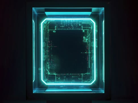 A glowing, futuristic square frame with intricate circuit designs inside, emitting a teal light against a dark background.