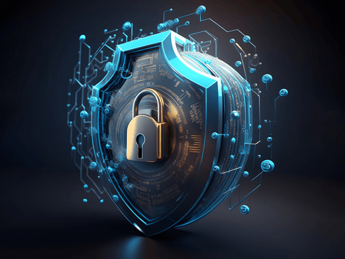 A three-dimensional shield with a golden padlock at its center, surrounded by blue digital circuits and glowing orbs, symbolizing cybersecurity and data protection.