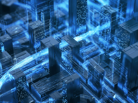 A futuristic cityscape rendered in digital blue tones, featuring tall, sleek buildings interspersed with glowing lines and data streams.