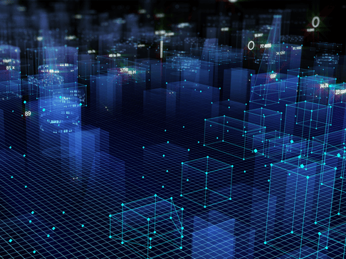 A futuristic digital landscape with abstract glowing grids and geometric shapes resembling buildings. The scene features floating data points and numbers, creating a high-tech and data-driven atmosphere.