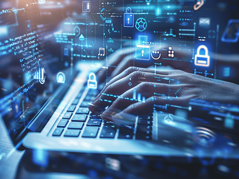 Close-up of a person's hands typing on a laptop keyboard, overlaid with digital icons and graphics representing cybersecurity, data encryption, and technology.
