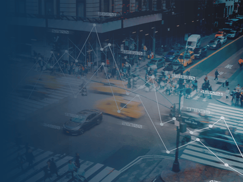A busy urban street scene with pedestrians crossing at a crosswalk, yellow taxis driving, and a graph overlay showing data points and trends in a digital, abstract style.