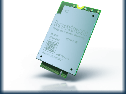 A green circuit board with a silver label displaying the text "kontron," model number "1073-9162," and "IB17M-W." The label indicates it was designed in Berlin, Germany, and includes hardware revisions. The board has a connector at the bottom.